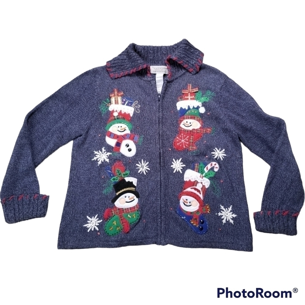 Tiara International Christmas Collection Embellished Snowman Cardigan Zip Sz L